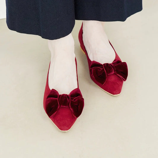 日本製 Launa Lea 絲絨蝴蝶結平底鞋 (460C)(紅色 S / Red S)