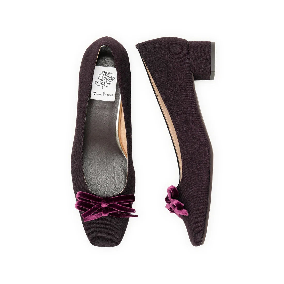 【新品】日本製Emma Francis   蝴蝶結3cm方頭高踭鞋（葡萄酒 絨面革）(3004a-S 138) Wine