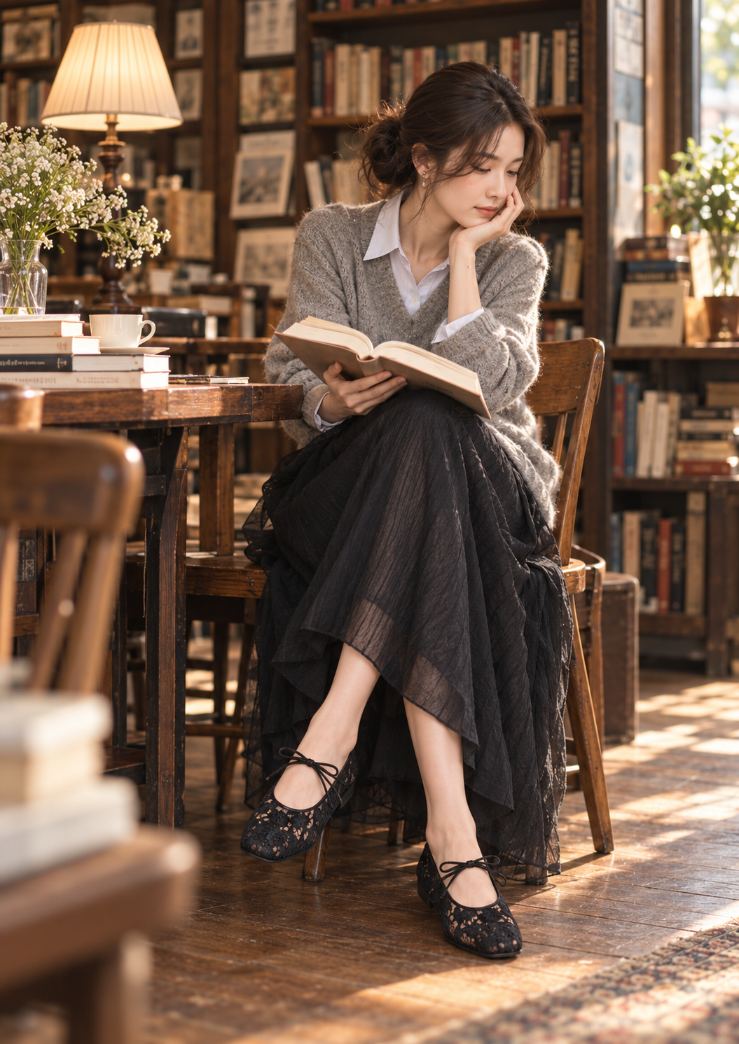 【新品預訂】日本製 Launa Lea 花卉蕾絲漁網芭蕾舞鞋 (B7612A)(黑色 / Black Z)