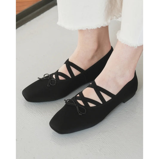 【新品預訂】日本製Emma Francis 交叉橡筋帶方頭平底芭蕾舞鞋（黑色緞面）(03ac-ST 101)