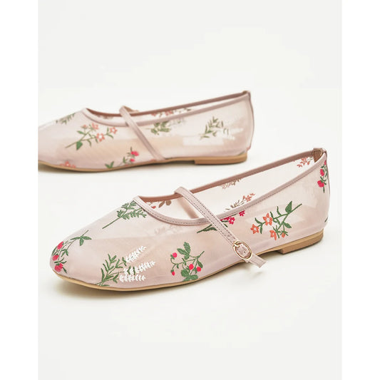 【新品預訂】日本製Emma Francis 碎花歐根紗透網瑪莉珍鞋 (05l-T 144)（粉色薄紗）
