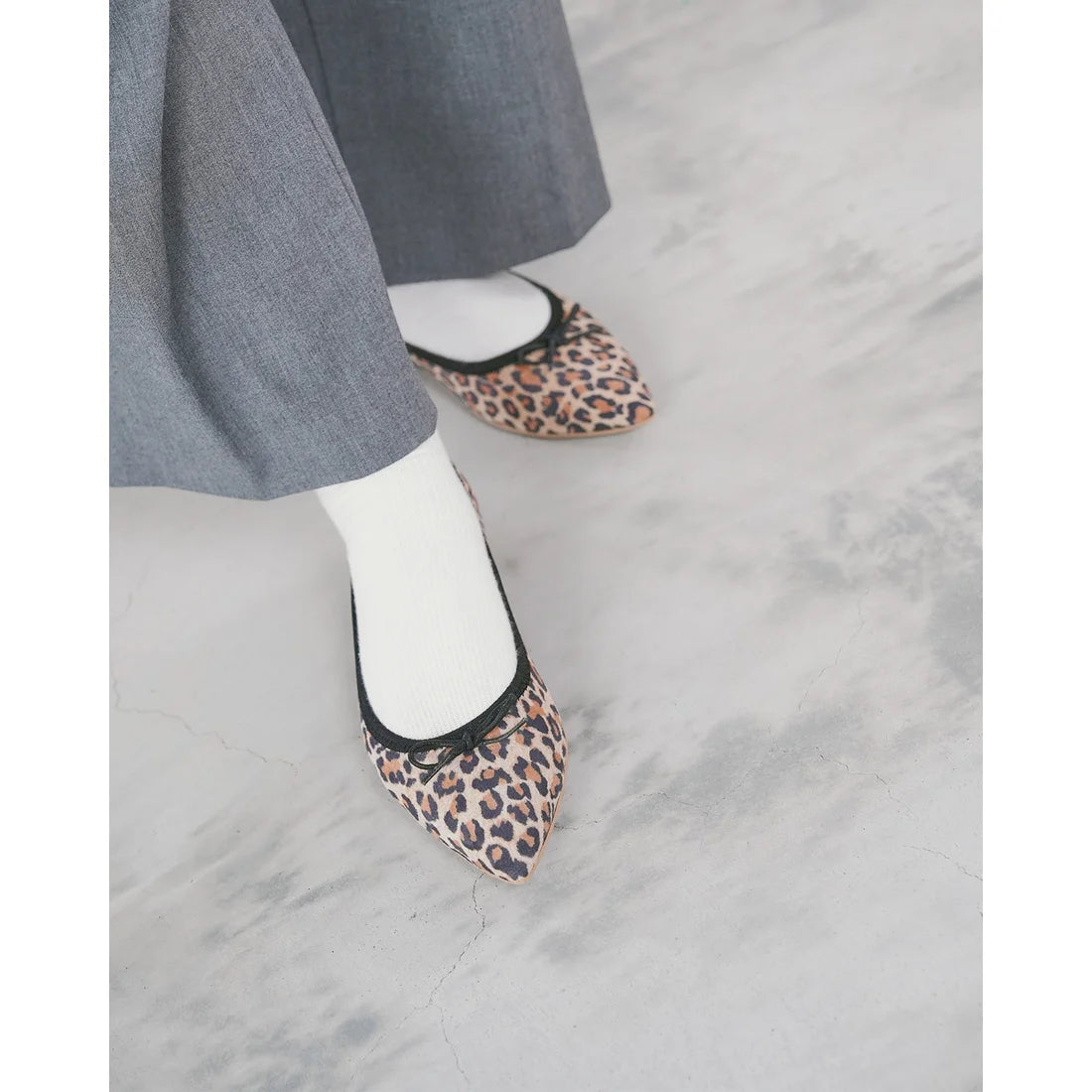 日本製【珍珠色調防水】Emma Francis真皮 尖頭平底芭蕾舞鞋(01b-L S328)(Leopard print leather suede)（レオパード柄 レザースエード）