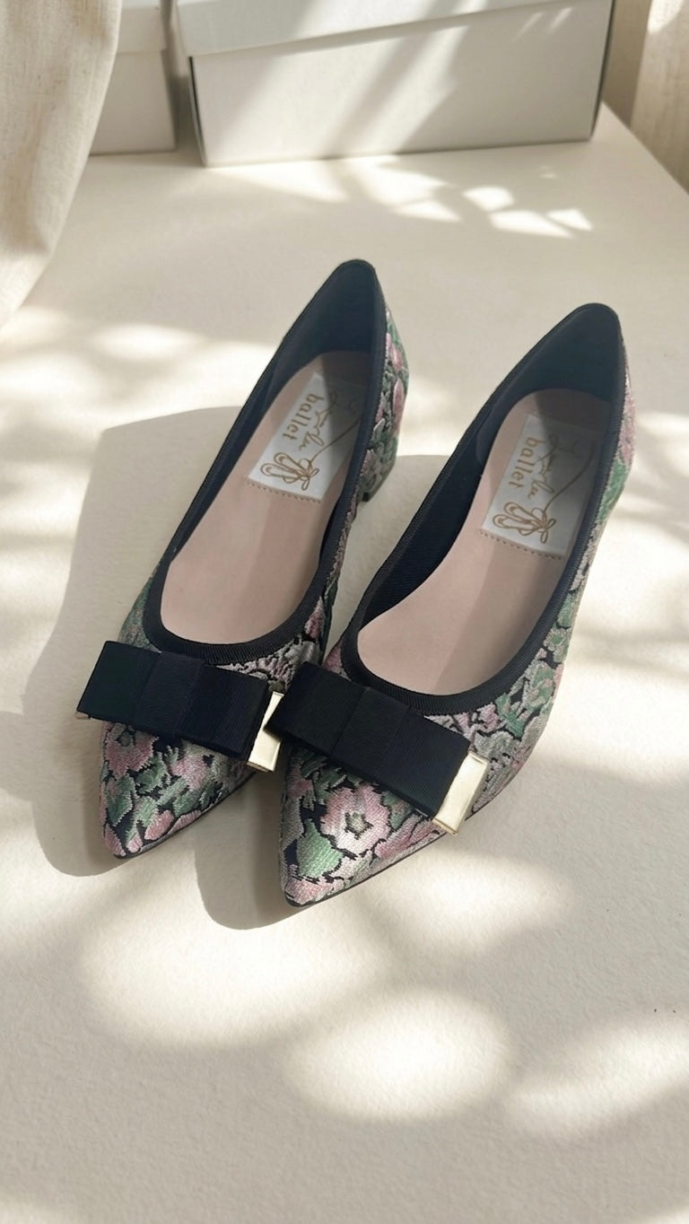 【香港限定】日本製 Launa lea 立體復古提花羅緞蝴蝶3.5cm粗跟鞋 (RH9603A)(黑色 / Black )