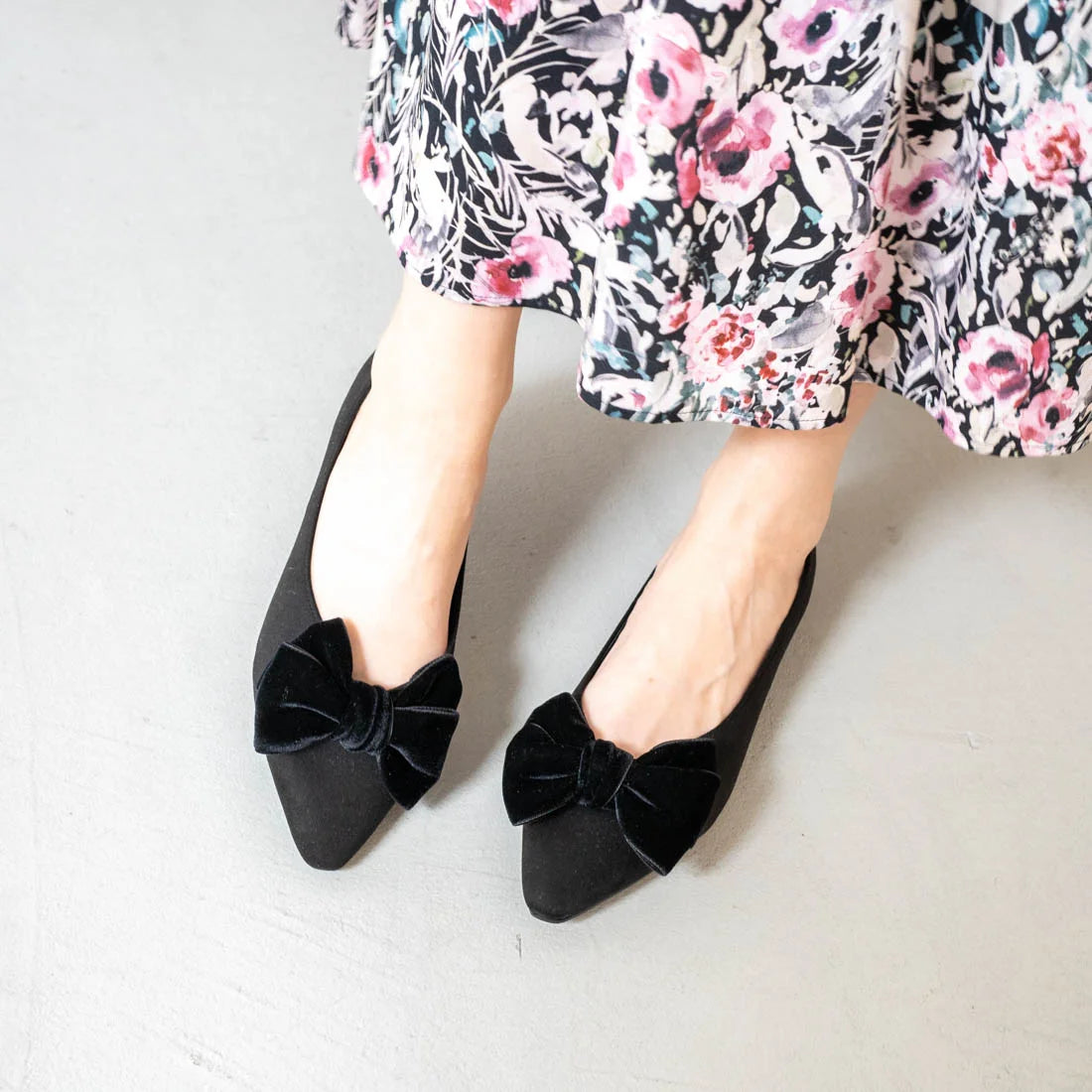 日本製 Launa Lea 絲絨蝴蝶結平底鞋 (460C)(黑色 S / Black S)