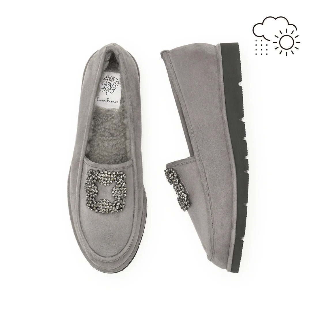 【新品預訂】日本製Emma Francis   [雨天應對] 防水 內側柔軟仿毛 寶石樂福鞋（灰色絨面革）(2002g-S 153)GRY