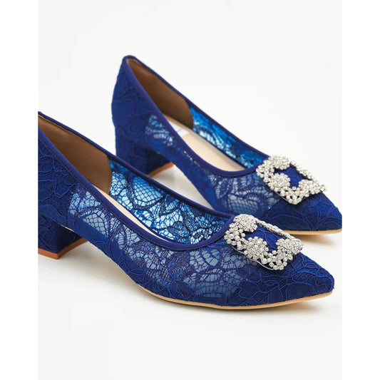 【新品預訂】日本製Emma Francis 4cm跟 寶石扣 薄紗蕾絲高跟鞋 (藍色薄紗 ) ( 4003b-T 120 )