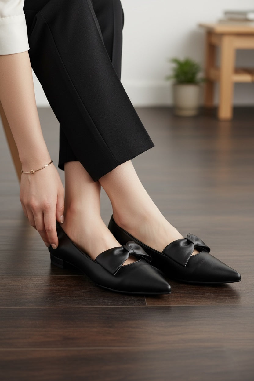 【新品預訂】日本製 Launa lea 尖頭蝴蝶結平底鞋（615）(黑色 / Black)