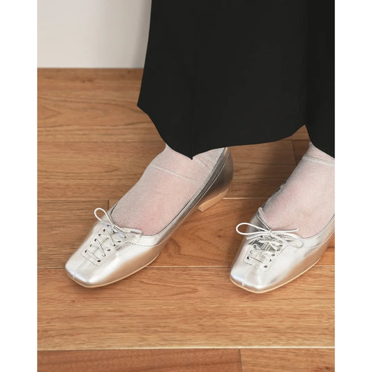 【新品預訂】日本製Emma Francis  綁帶蝴蝶結平底鞋（銀色）(03ab-M 162)