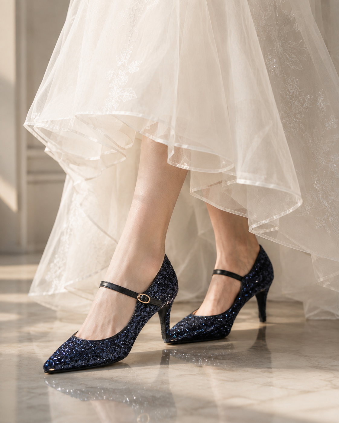 Launa lea 日本製 7cm Glitter 尖頭 Mary Jane 深藍色高跟鞋 575 navy