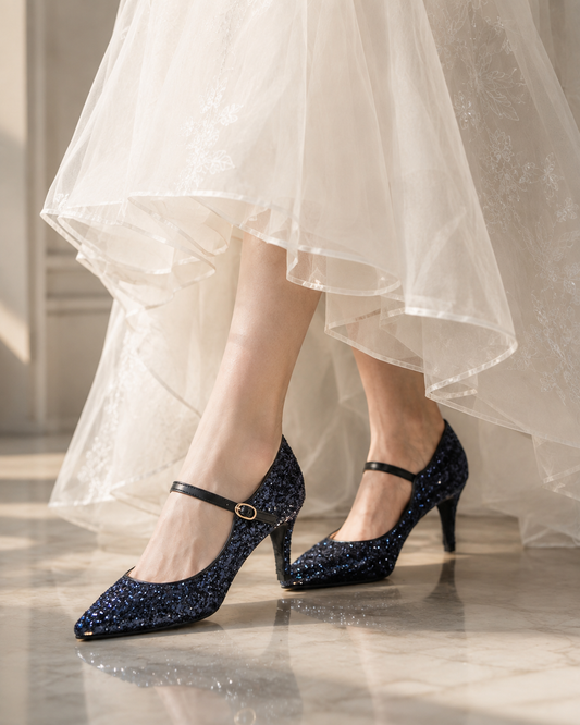 Launa lea 日本製 7cm Glitter 尖頭 Mary Jane 深藍色高跟鞋 575 navy