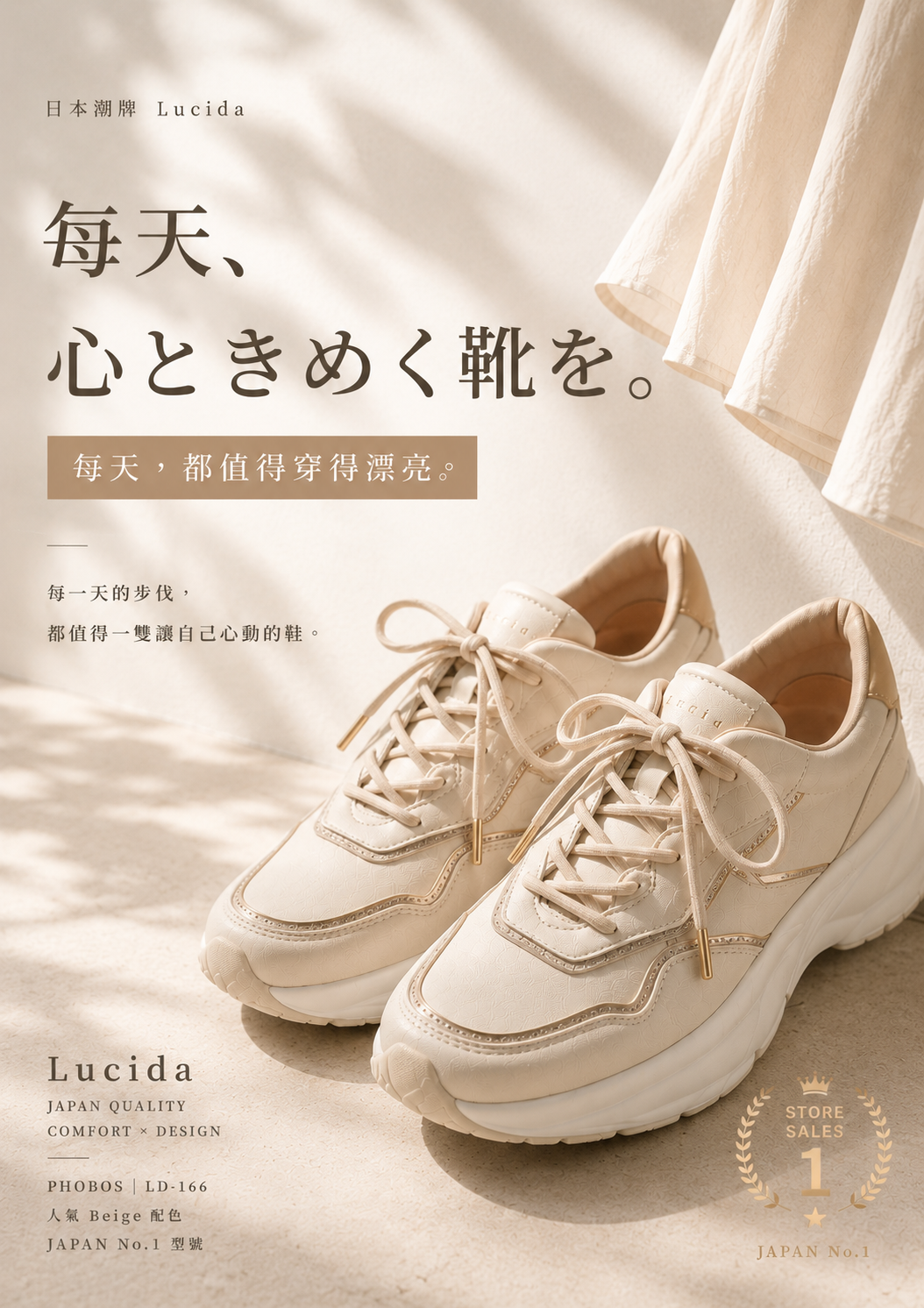 現貨優惠￼日本潮牌Lucida 杏色 Phobos 閃爍微粒拼接設計厚底運動鞋 ( 4166 BEG )