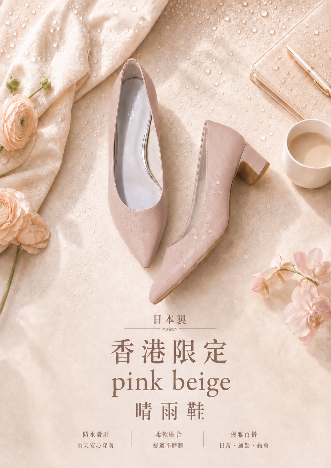 【香港限定現貨】日本製 Launa lea 晴雨兩用 尖頭5cm粗跟高跟鞋 (RH9486)(粉杏色 / pink beige )