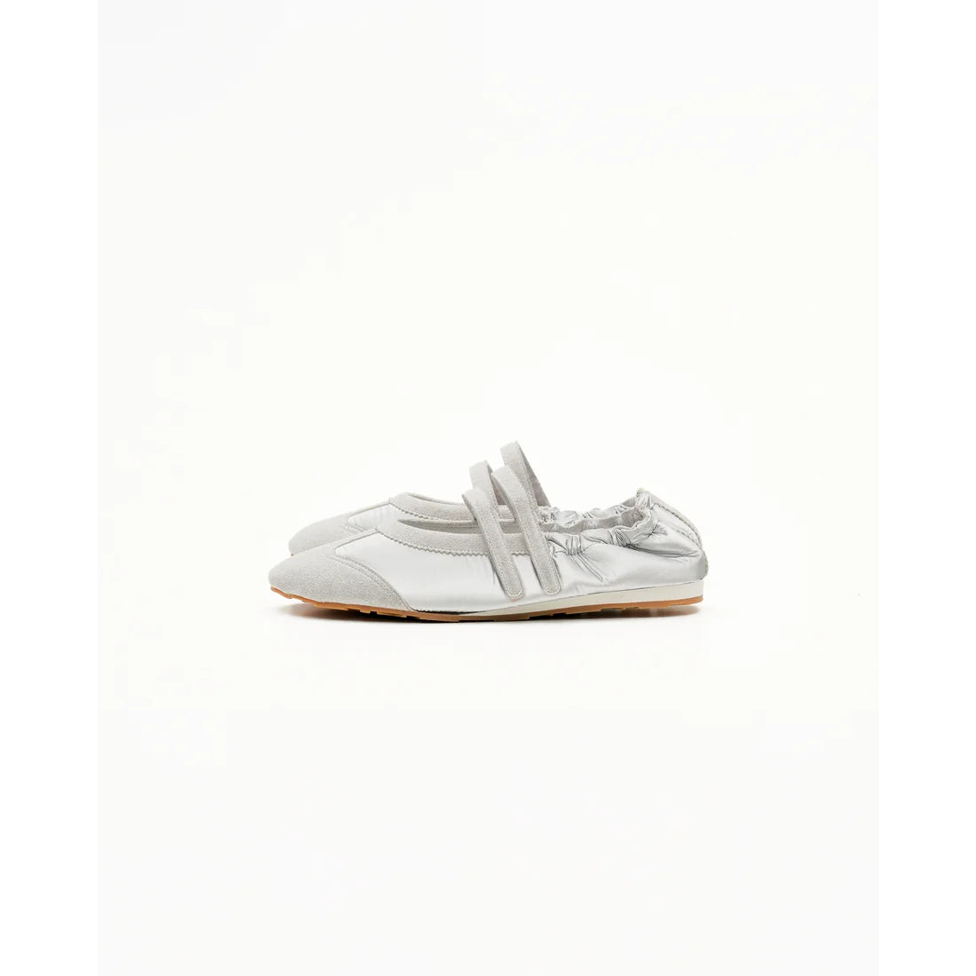 【新品預訂】日本製Emma Francis   彈性褶邊瑪麗珍芭蕾舞鞋（銀色天鵝絨皮革）(09k-NY 162)