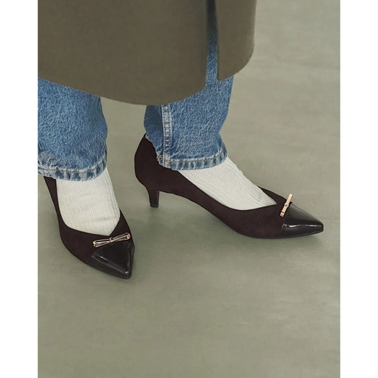 【新品】日本製Emma Francis   金色蝴蝶結 5cm 高跟鞋（棕色 絨面革）(5001b-S 105) BRN