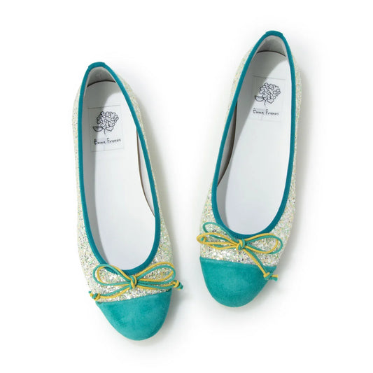 【新品預訂】日本製Emma Francis   蝴蝶結閃光平底芭蕾舞鞋（綠色閃光）(06e-G 111)