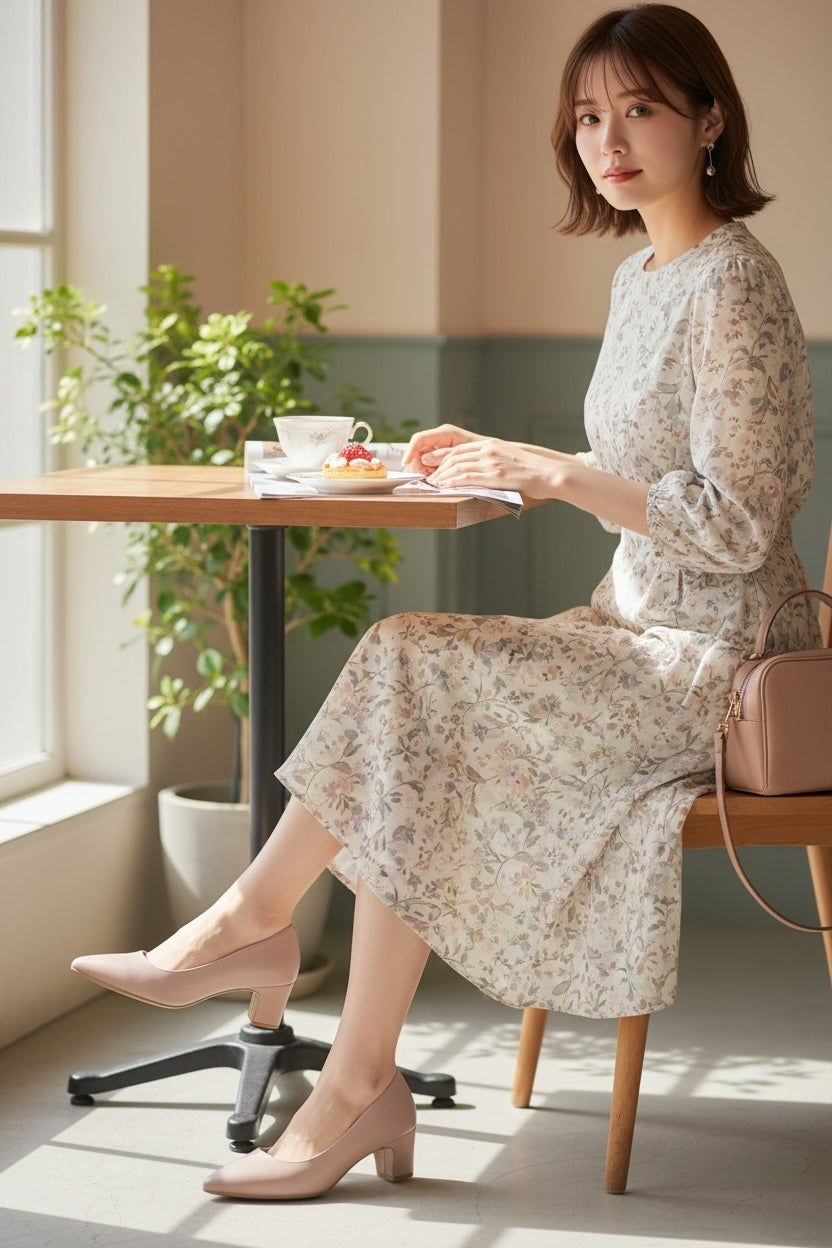 【香港限定現貨】日本製 Launa lea 晴雨兩用 尖頭5cm粗跟高跟鞋 (RH9486)(粉杏色 / pink beige )
