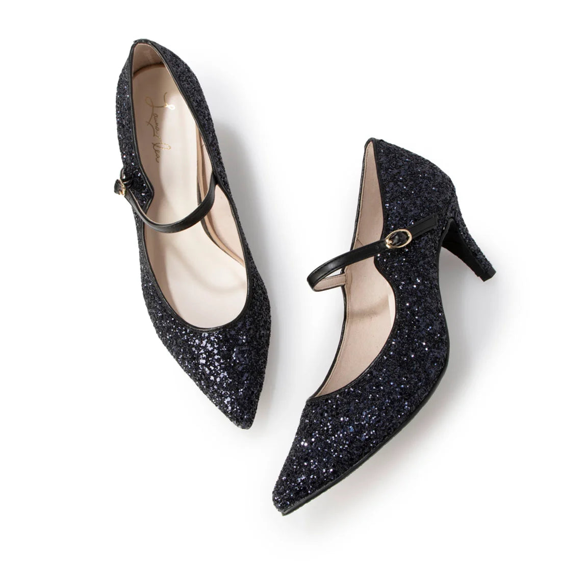 Launa lea 日本製 7cm Glitter 尖頭 Mary Jane 深藍色高跟鞋 575 navy