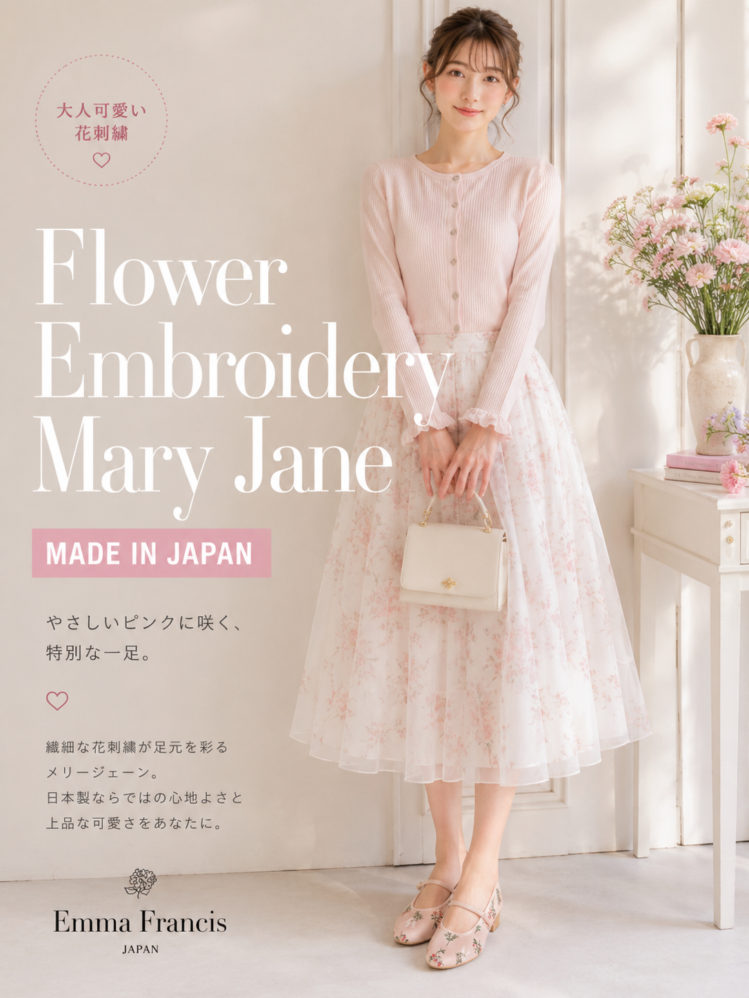 【新品預訂】日本製Emma Francis 碎花歐根紗透網瑪莉珍鞋 (09k-T 144)（粉色薄紗）