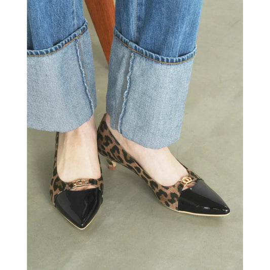 【新品預訂】日本製Emma Francis 4cm跟 前馬銜扣高跟鞋 (豹紋緞面) (4003a ST328)