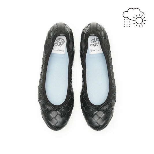 【新品預訂】日本製【珍珠色調防水】Emma Francis 真皮 圓頭平底芭蕾舞鞋(02b-L P101)(Black Leather Intricate)(ブラック レザーイントレチャート)