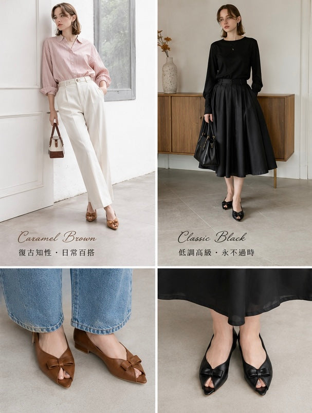 【新品預訂】日本製 Launa lea 優雅魚嘴細蝴蝶結平底鞋(634)  (黑色/Black)