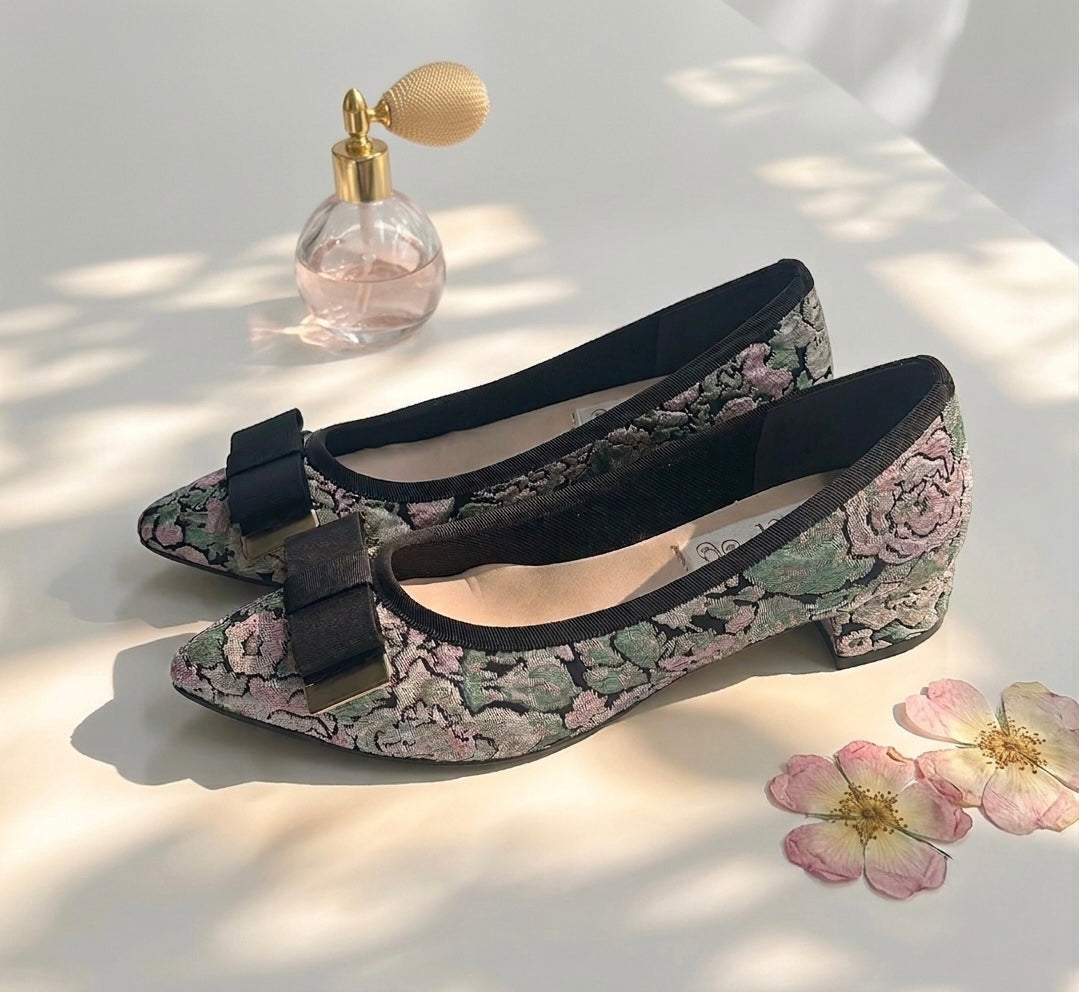 【香港限定】日本製 Launa lea 立體復古提花羅緞蝴蝶3.5cm粗跟鞋 (RH9603A)(黑色 / Black )