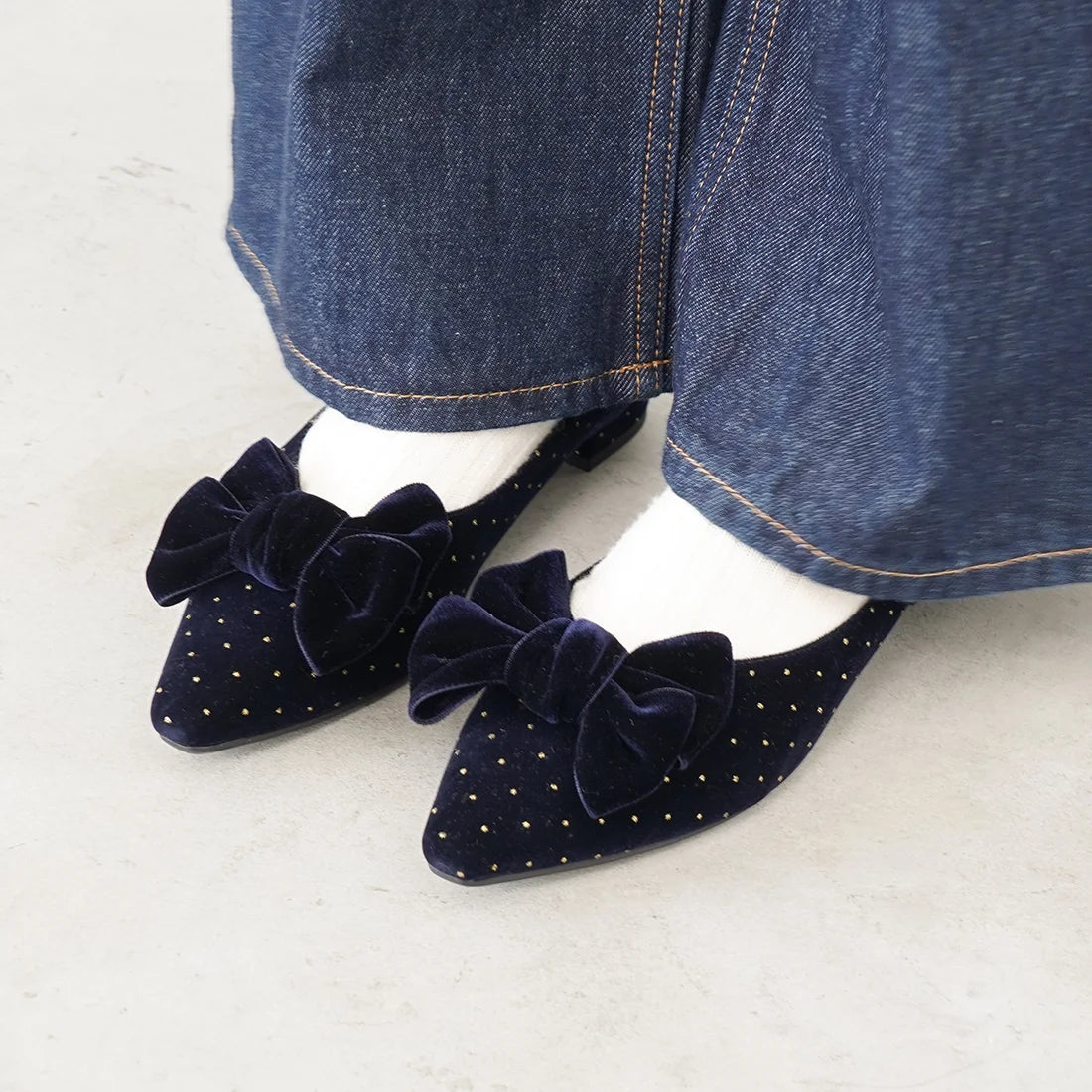 日本製 Launa Lea 絲絨蝴蝶結平底鞋 (460C)(深藍色 Z / Navy Z)