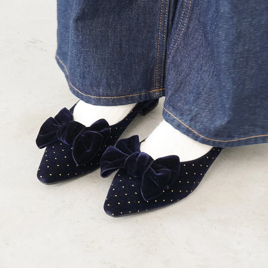 日本製 Launa Lea 絲絨蝴蝶結平底鞋 (460C)(深藍色 Z / Navy Z)