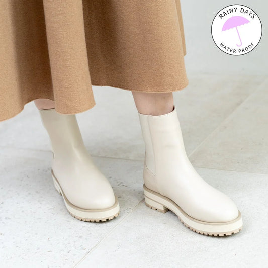 日本製 Launa Lea 側邊彈力厚底雨靴短靴 (R9018)(象牙色／Ivory)