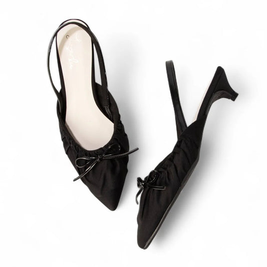 日本製 Launa Lea 4cm跟高褶邊蝴蝶結細肩帶樂福鞋 (606) (黑色 / Black)