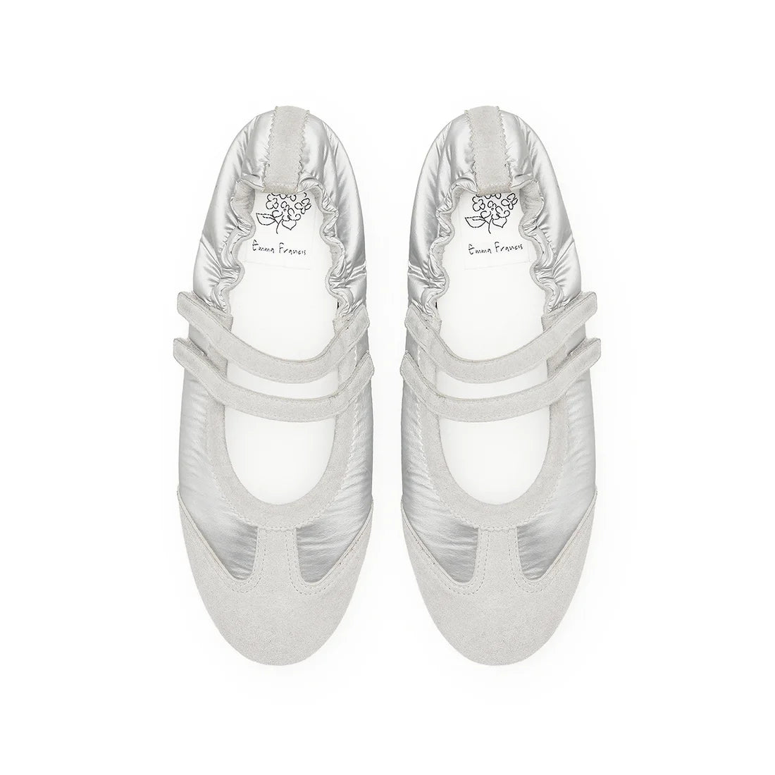 【新品預訂】日本製Emma Francis   彈性褶邊瑪麗珍芭蕾舞鞋（銀色天鵝絨皮革）(09k-NY 162)