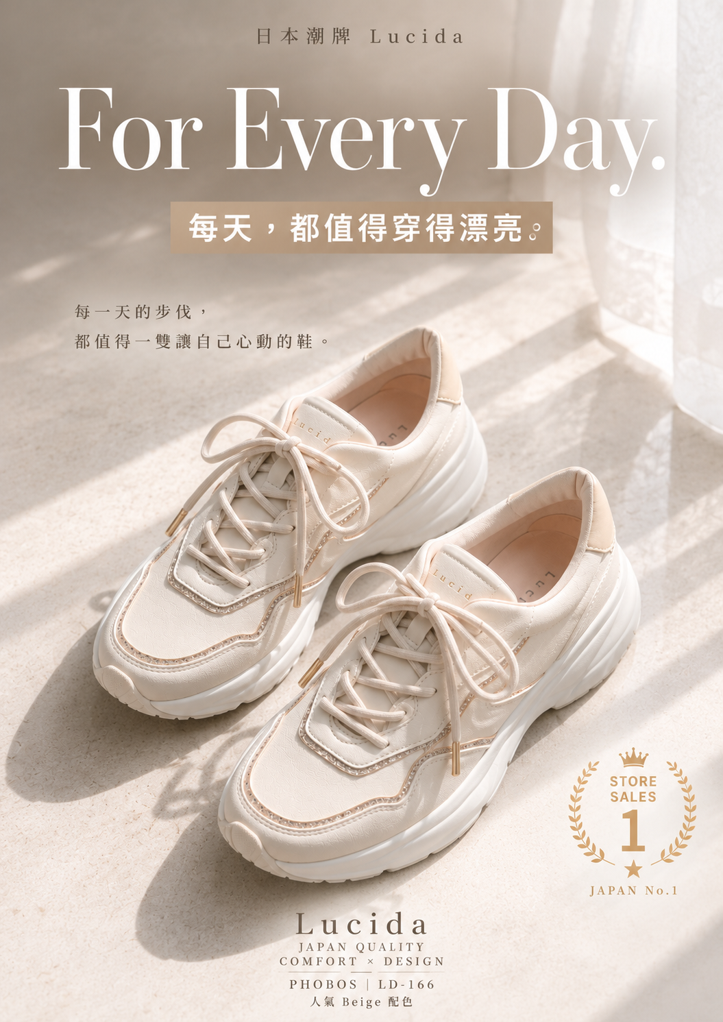 現貨優惠￼日本潮牌Lucida 杏色 Phobos 閃爍微粒拼接設計厚底運動鞋 ( 4166 BEG )