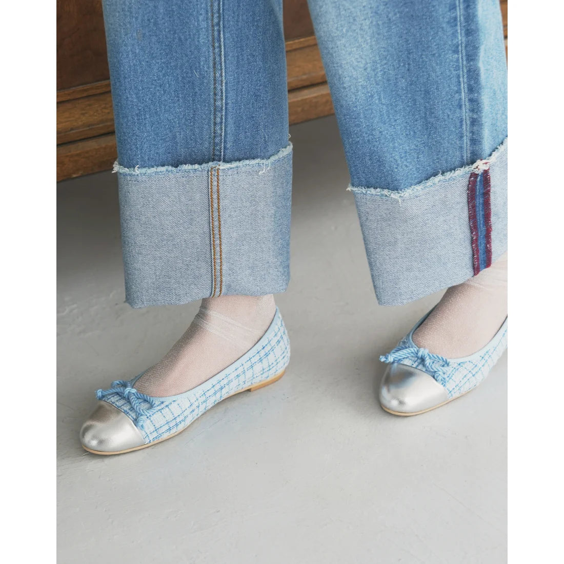 【新品預訂】日本製Emma Francis   粗花呢平底芭蕾舞鞋（淺藍色粗花呢）(06e-TWM 121)