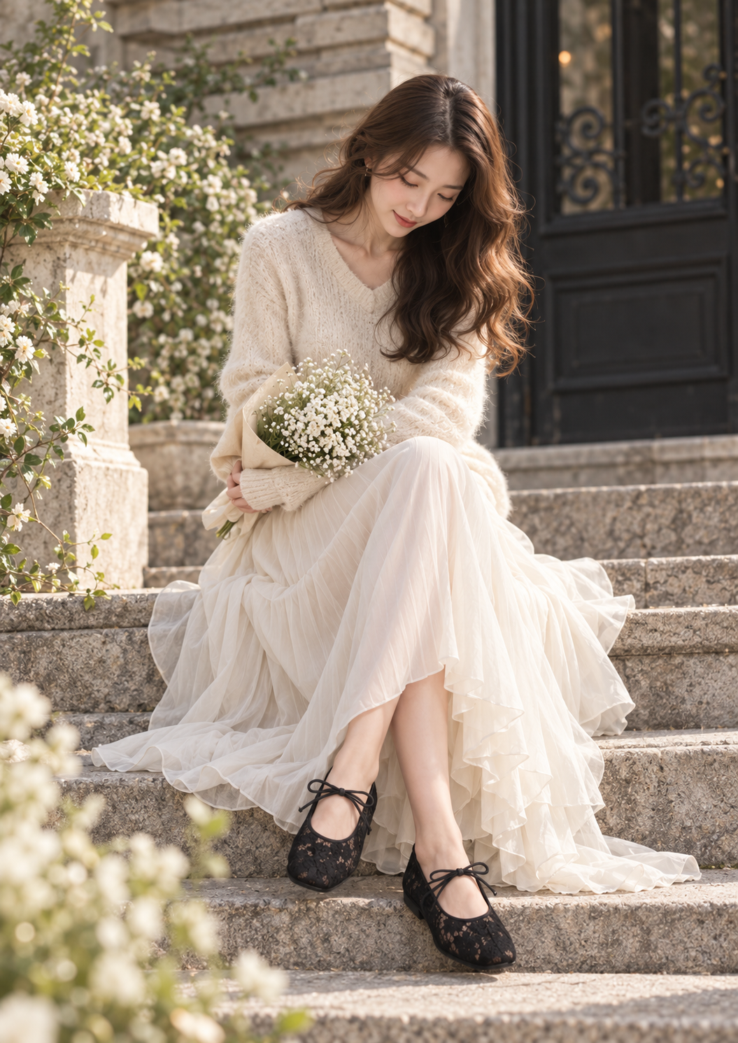 【新品預訂】日本製 Launa Lea 花卉蕾絲漁網芭蕾舞鞋 (B7612A)(黑色 / Black Z)