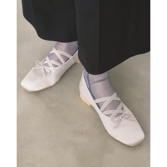 【新品預訂】日本製Emma Francis 交叉橡筋帶方頭平底芭蕾舞鞋（灰色緞面）(03ac-ST 153)