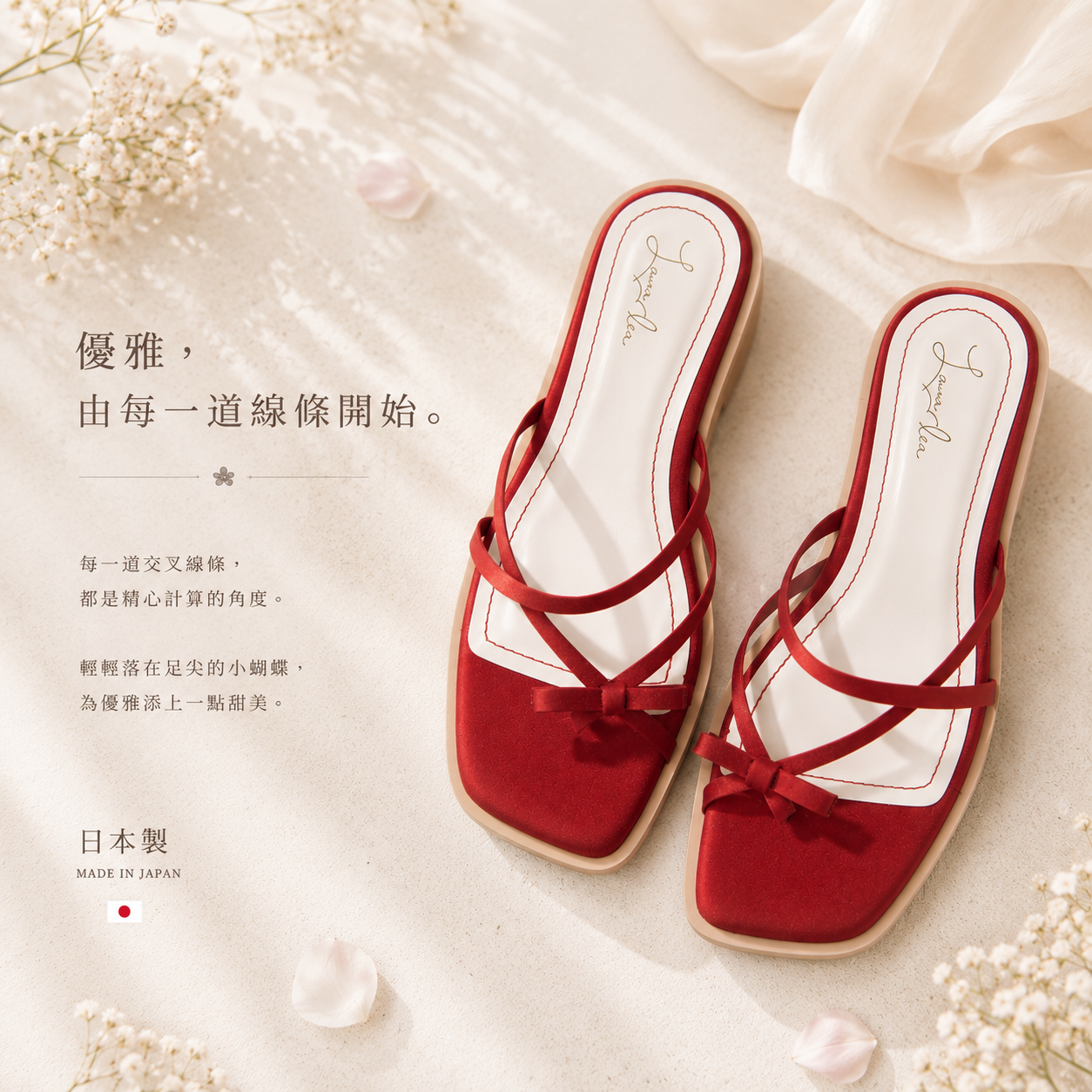 【新品預訂】日本製 Launa Lea 交叉蝴蝶結平底涼鞋(625)(紅色/ Red Z)