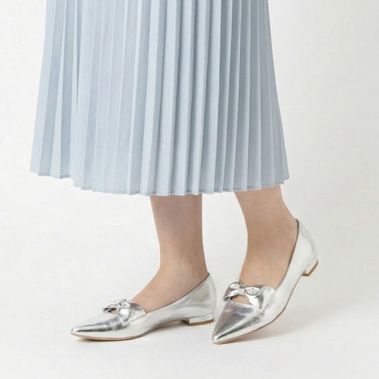 【新品預訂】日本製 Launa lea 尖頭蝴蝶結平底鞋（615）(銀色 / Silver)
