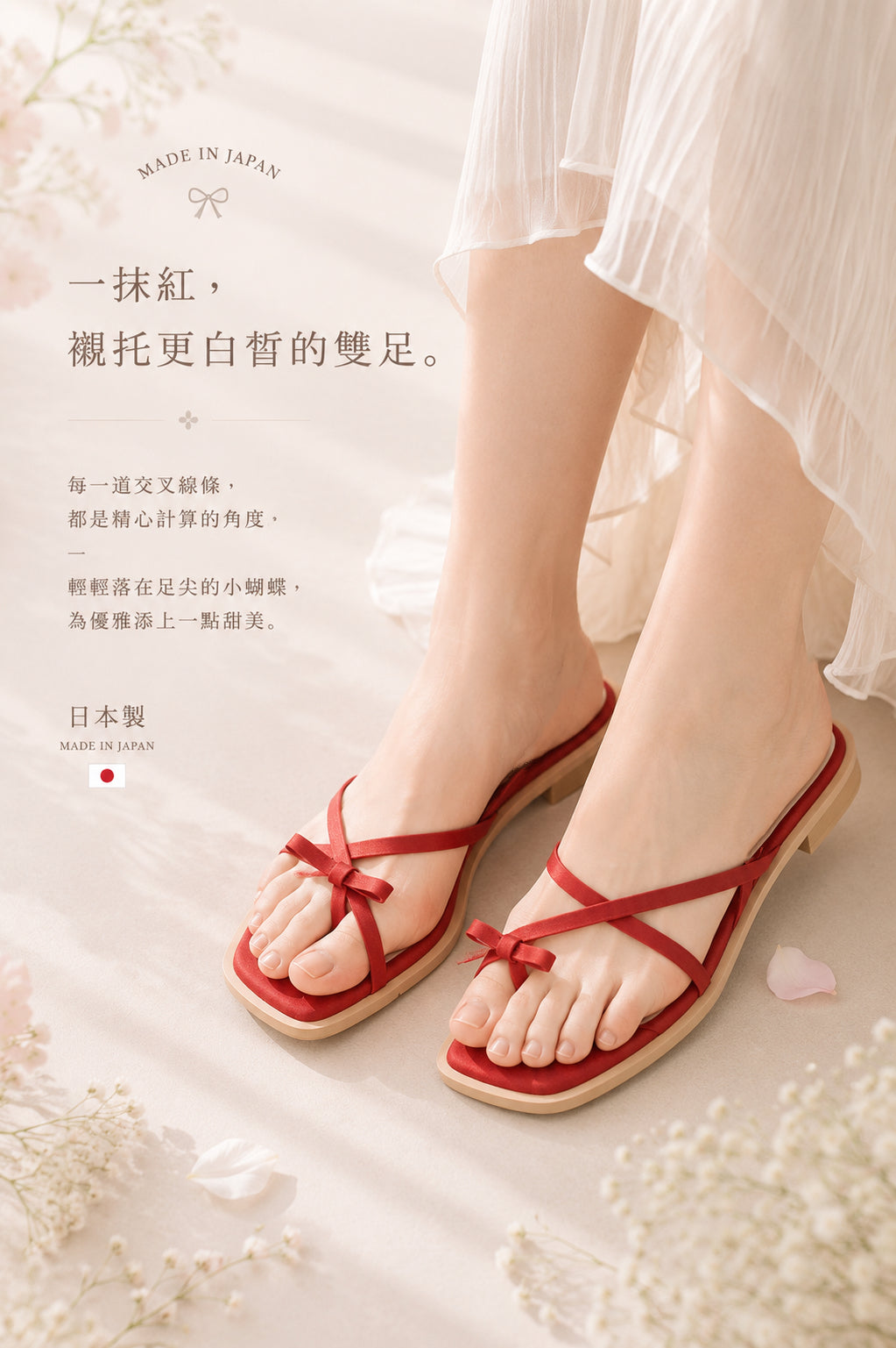 【新品預訂】日本製 Launa Lea 交叉蝴蝶結平底涼鞋(625)(紅色/ Red Z)