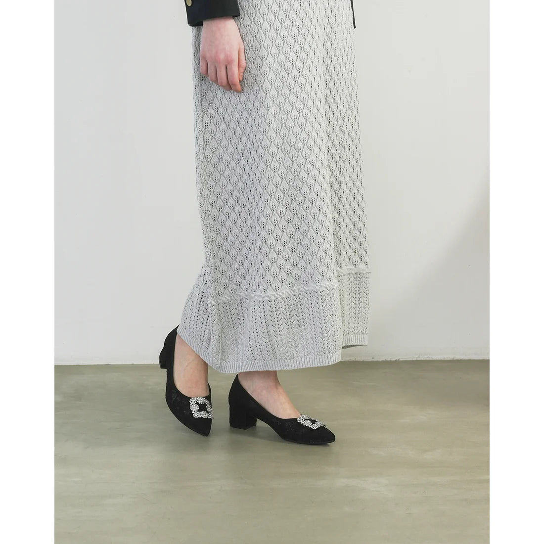 【新品預訂】日本製Emma Francis 4cm跟 寶石扣 薄紗蕾絲高跟鞋 (黑色薄紗 ) ( 4003b-T 101 )