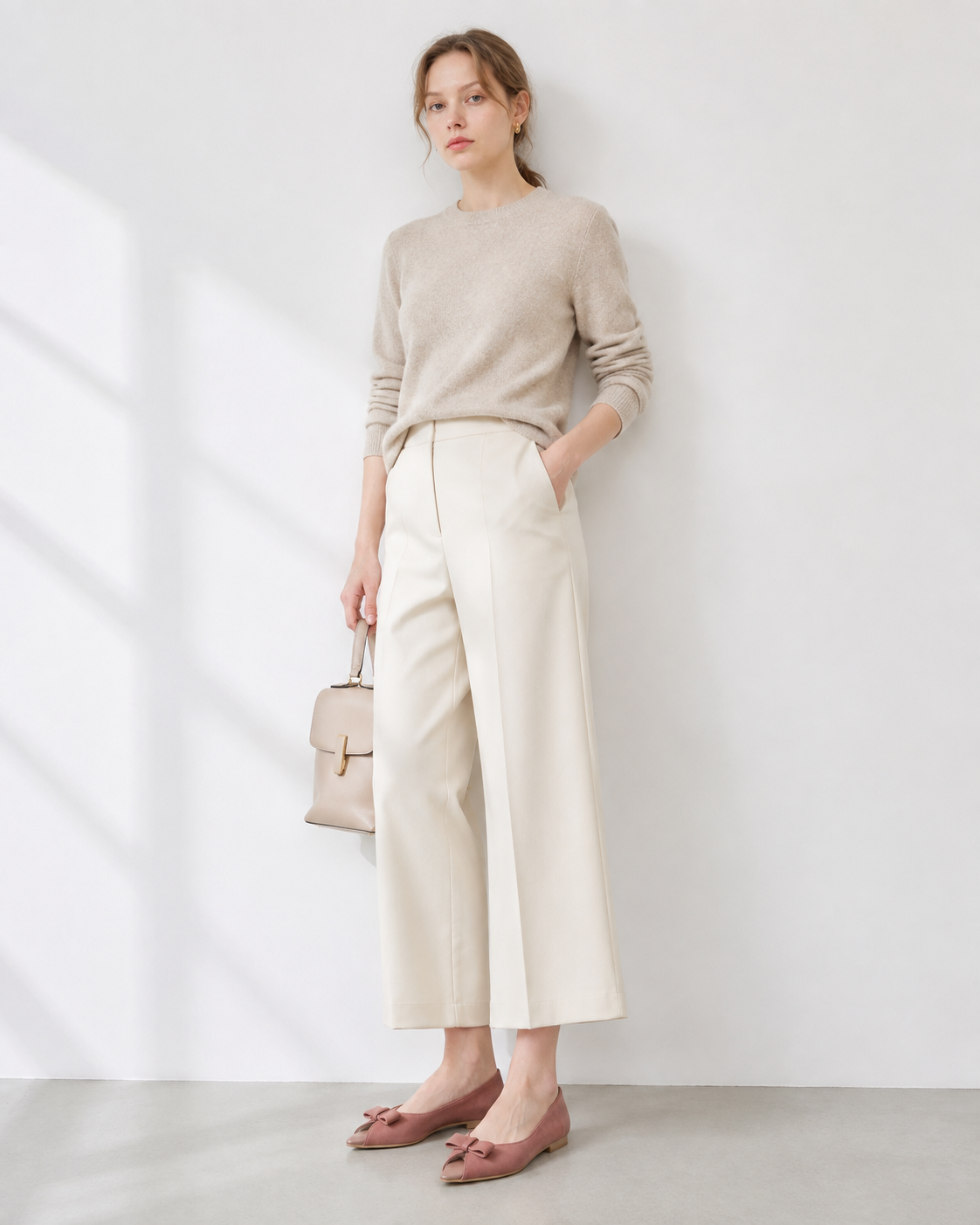 【新品預訂】日本製 Launa lea 優雅魚嘴細蝴蝶結平底鞋(634)  (藕粉色/Mauve-S)