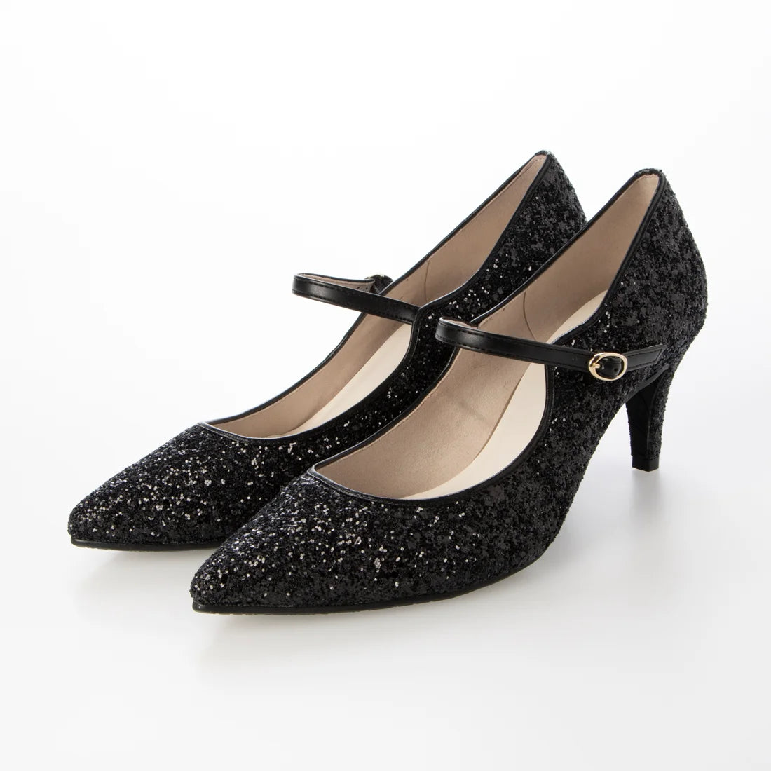 Launa lea 日本製 7cm Black Glitter 尖頭 Mary Jane 黑色高跟鞋 0575 Black