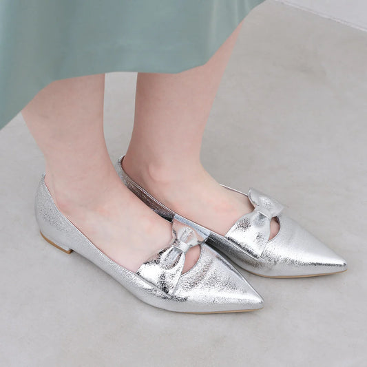 【新品預訂】日本製 Launa lea 尖頭蝴蝶結平底鞋（615）(銀色 / Silver)