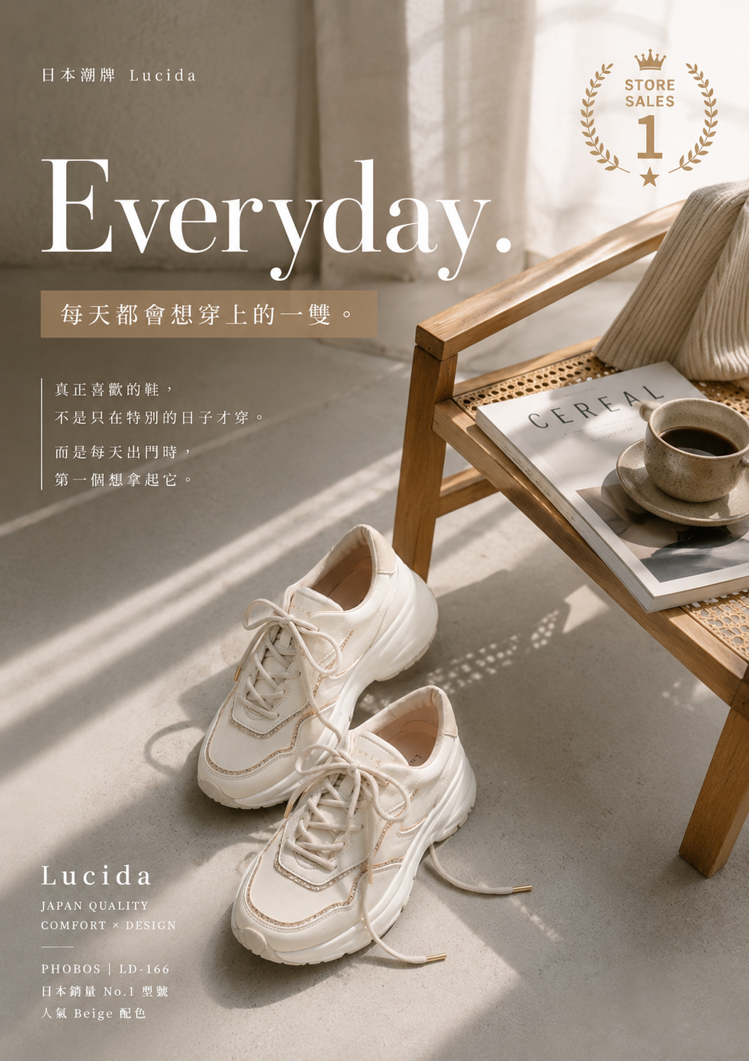 現貨優惠￼日本潮牌Lucida 杏色 Phobos 閃爍微粒拼接設計厚底運動鞋 ( 4166 BEG )