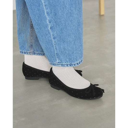 【新品預訂】日本製Emma Francis 圓點天鵝絨平底芭蕾舞鞋（黑色天鵝絨）(02a-V 101)BLK