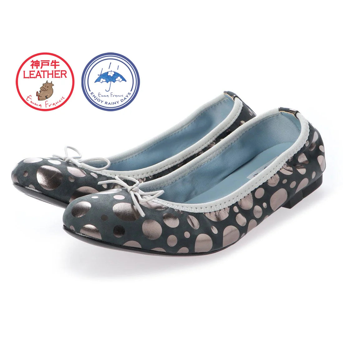 日本製 Emma Francis 神戶牛真皮圓頭平底芭蕾晴雨鞋 (EFx02p KS502)(Dot Pattern Black)（ドット柄 ブラック）