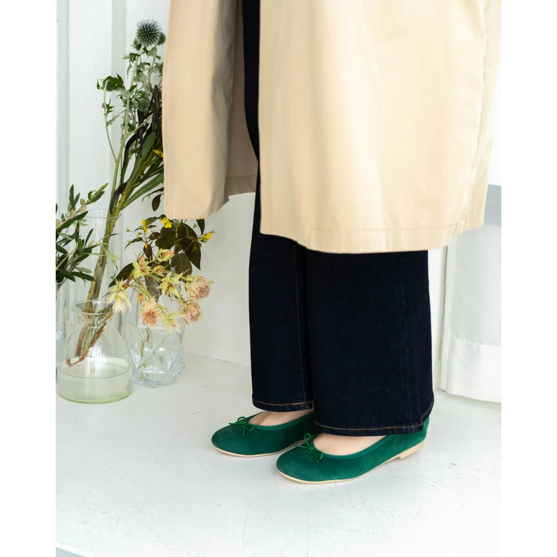 日本製【珍珠色調防水】Emma Francis圓頭平底芭蕾舞鞋(02b-L S111)(Green leather suede)（グリーン レザースエード）