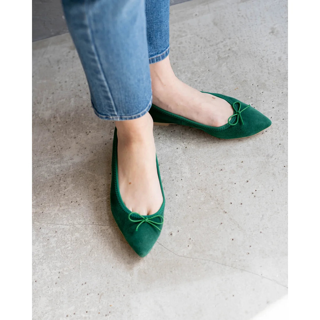 日本製【珍珠色調防水】Emma Francis尖頭平底芭蕾舞鞋 (01b-L S111) (Green leather suede)（グリーン レザースエード）