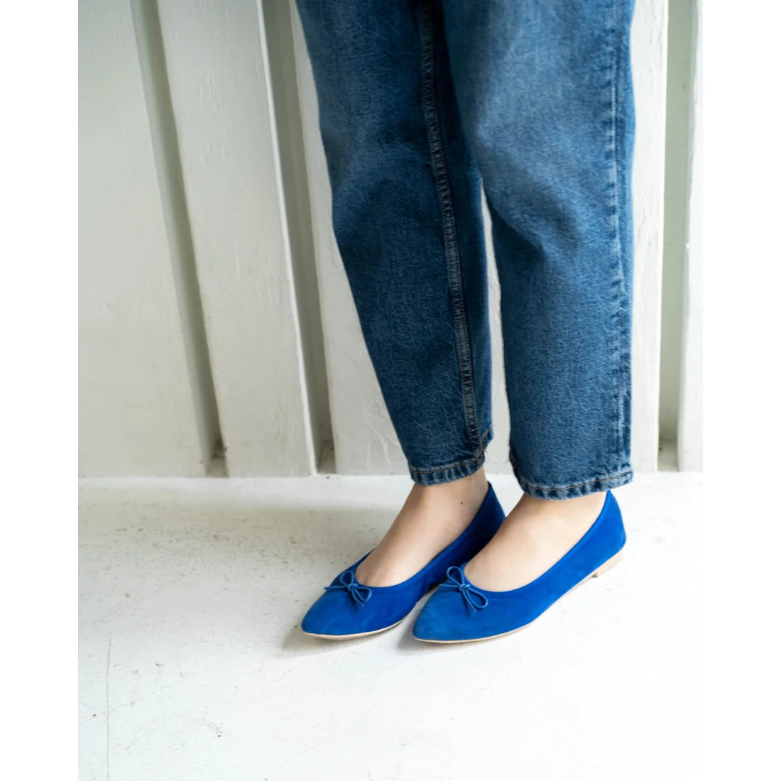 日本製【珍珠色調防水】Emma Francis尖頭平底芭蕾舞鞋 (01b-L S120) (Blue leather suede)（ブルー レザースエード）