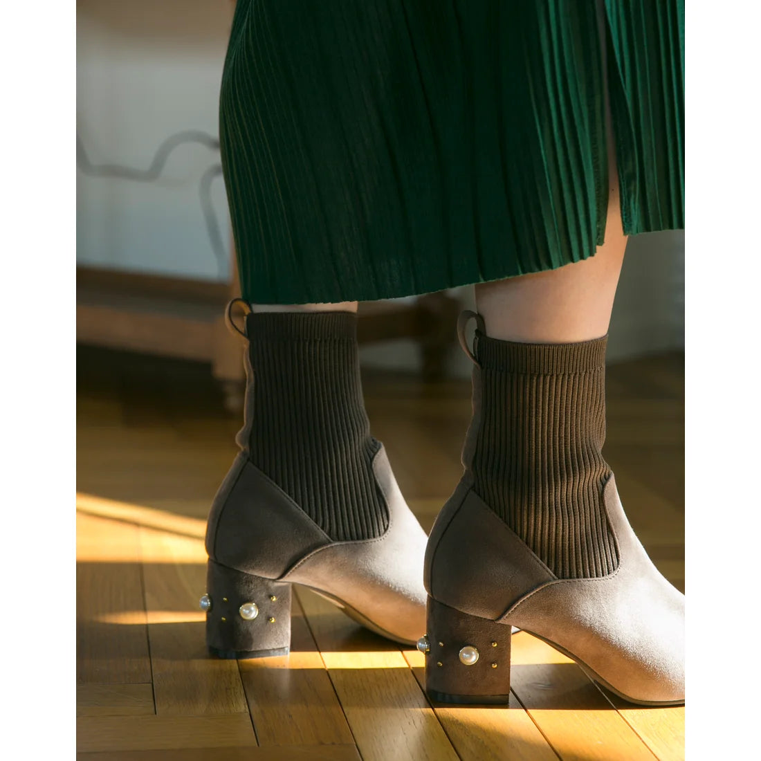 日本製Emma Francis 珍珠跟針織靴（炭灰色麂皮）(9006-S 155)(charcoal gray suede)(charcoal gray suede）