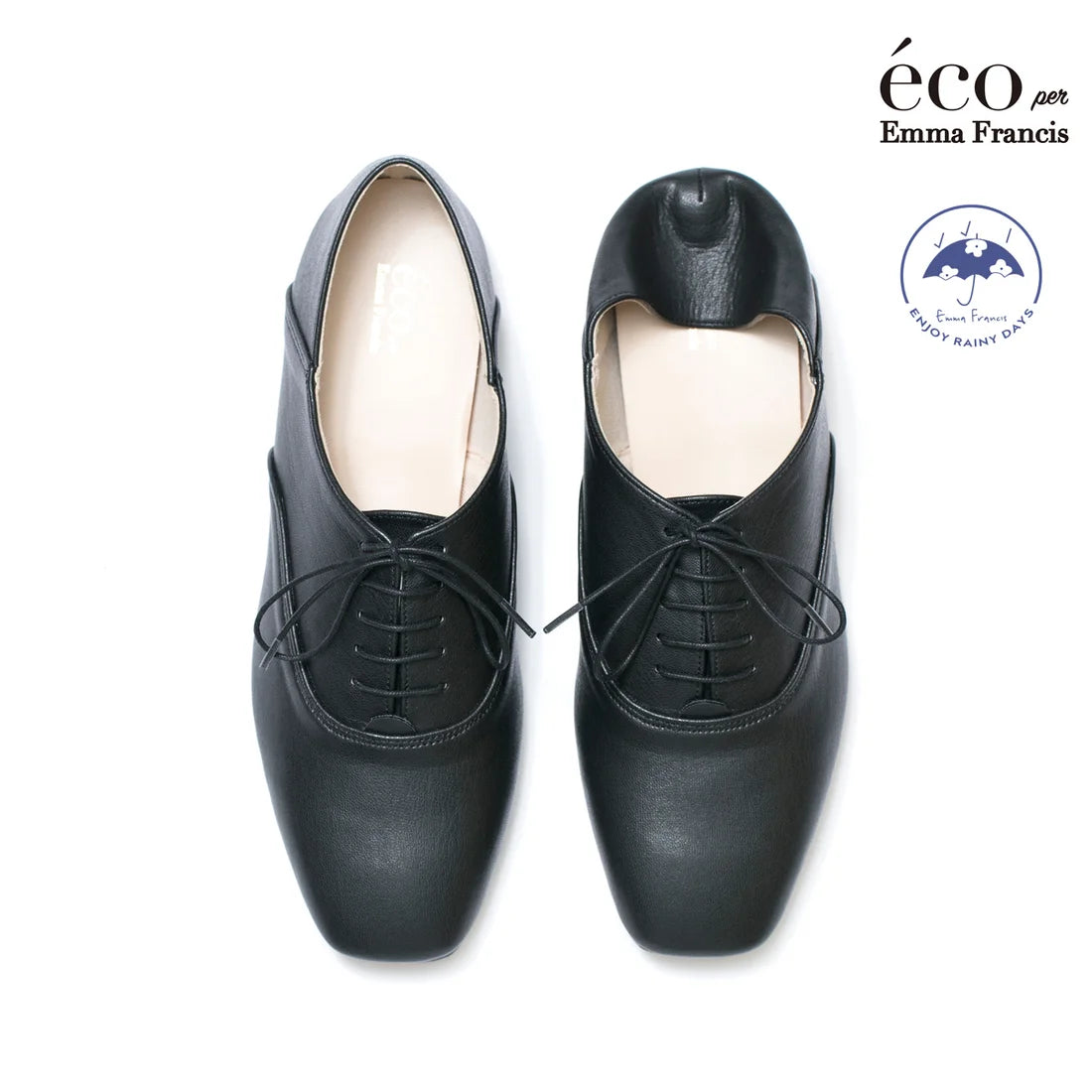 日本製 【蘋果皮】【防水】Emma Francis平底繫帶鞋（黑蘋果皮光滑）(03d-AP 101)(black apple leather smooth)(ブラック アップルレザースムース）